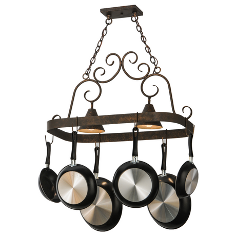 Close-up of lit Elana pot rack downlights and frame.