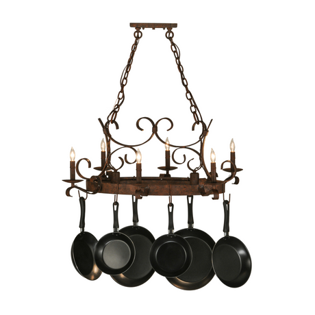 Handcrafted 6-light oval pot rack with candle-style bulbs.