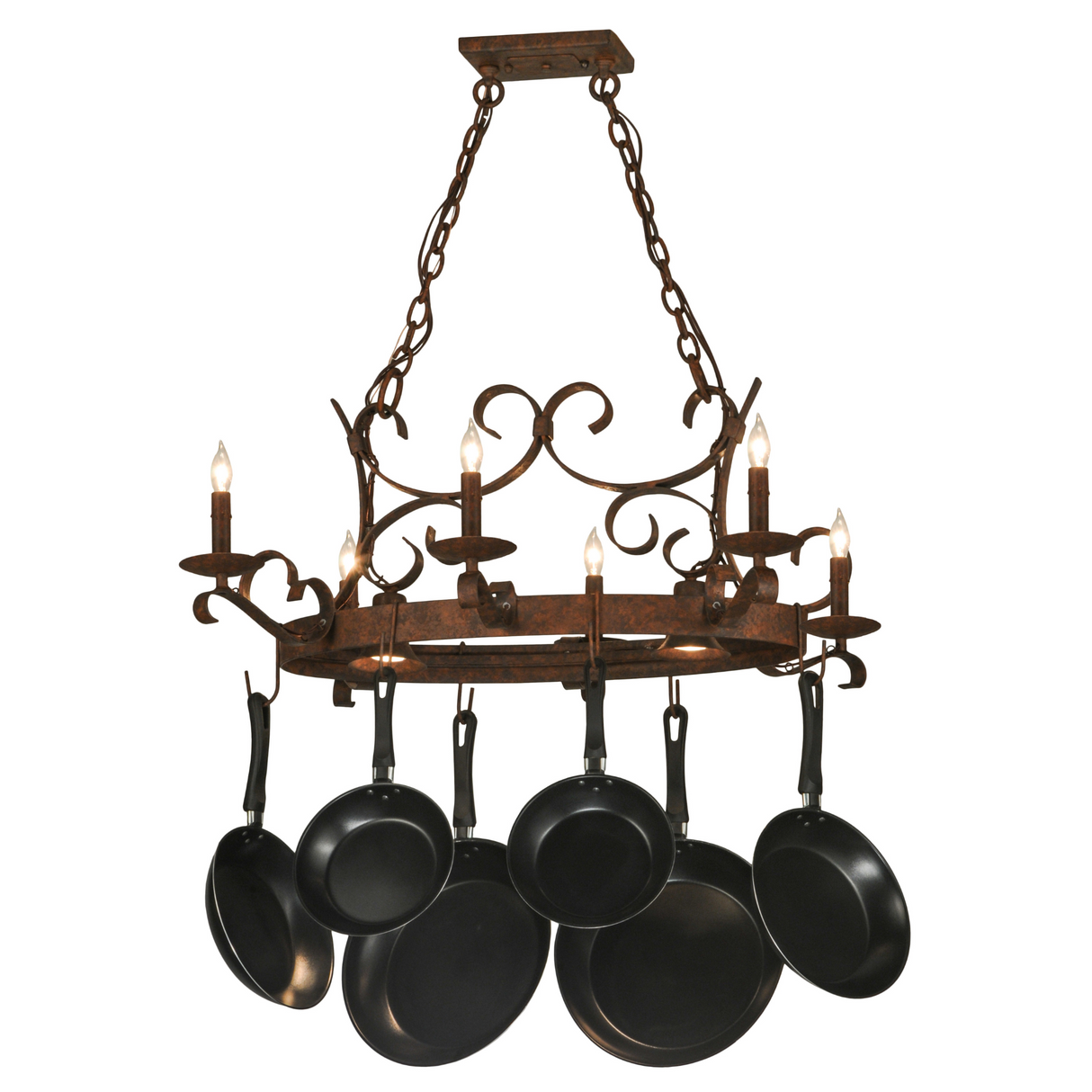 Handforged oval 6-light pot rack chandelier front view.