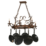 Handforged oval 6-light pot rack chandelier front view.