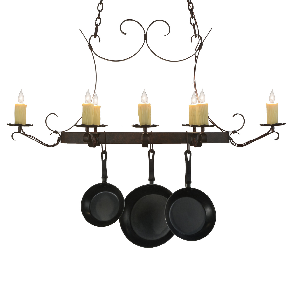 Alternate angled view of oval 8-light pot rack chandelier.