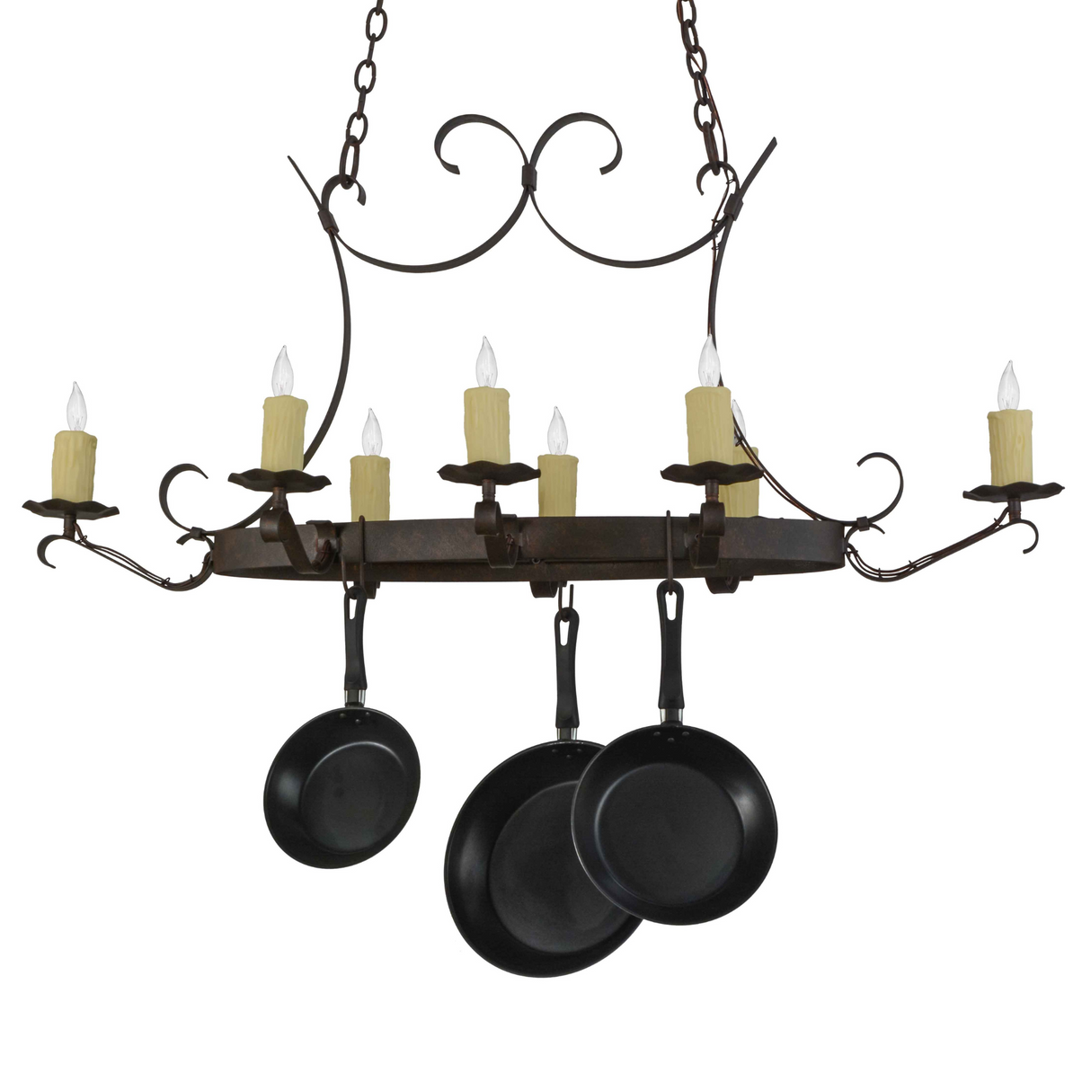 Angled view of handforged oval 8-light pot rack chandelier.