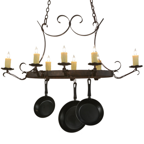 Handforged oval 8-light pot rack chandelier front view.