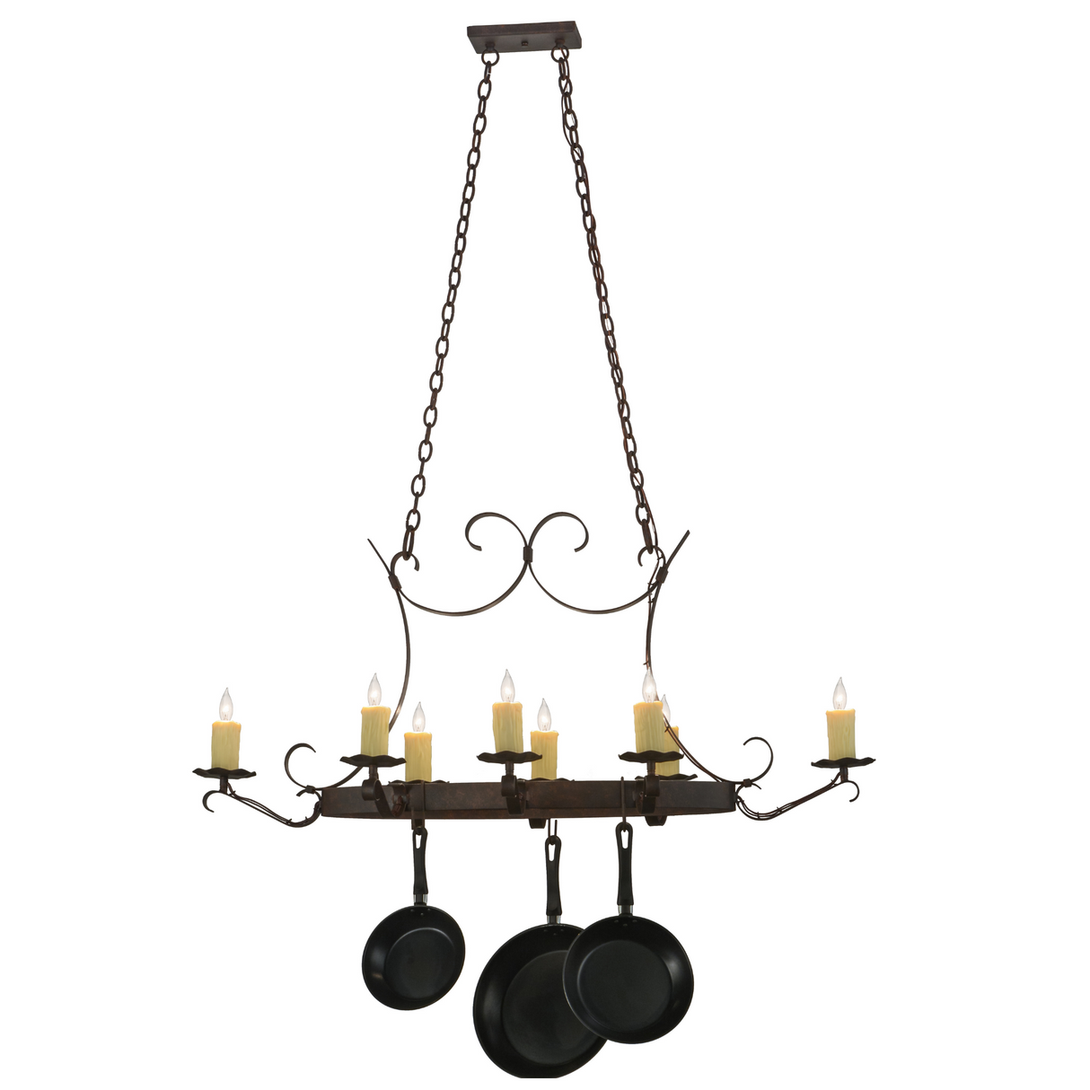 Full-length view of chandelier with chains and cookware.