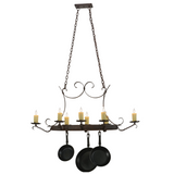 Full-length view of chandelier with chains and cookware.