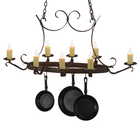 Side view of handforged oval 8-light pot rack chandelier.
