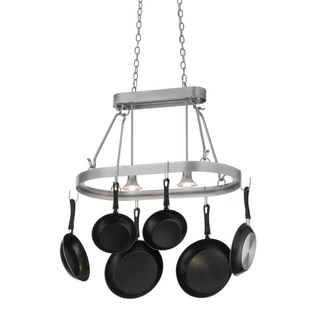 Side view of pewter-finish Harmony pot rack pendant.