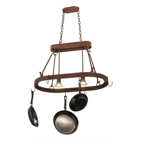 Angled view showing warm light and cookware hanging from pot rack.