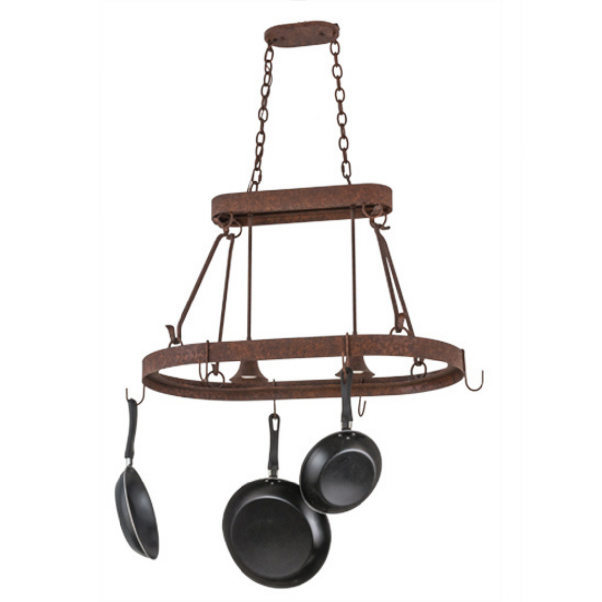 Front view of Harmony 2-light pot rack chandelier illuminated.