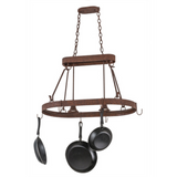 Front view of Harmony 2-light pot rack chandelier illuminated.