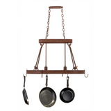 Full unlit view of Harmony pot rack chandelier with hooks visible.