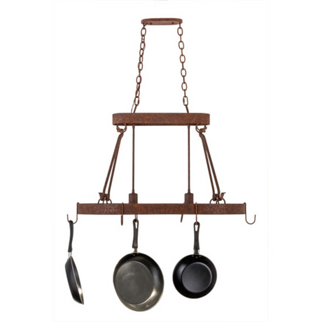 Full unlit view of Harmony pot rack chandelier with hooks visible.
