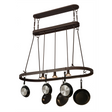 Angle view of Harmony 3-Light Pot Rack Chandelier with hanging pans.