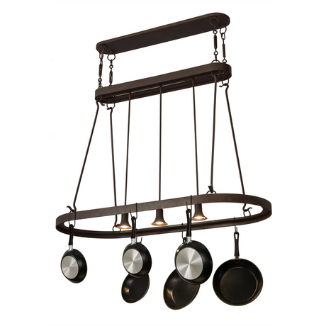 Angle view of Harmony 3-Light Pot Rack Chandelier with hanging pans.