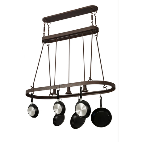 Front view of Harmony 3-Light Pot Rack Chandelier over kitchen island.