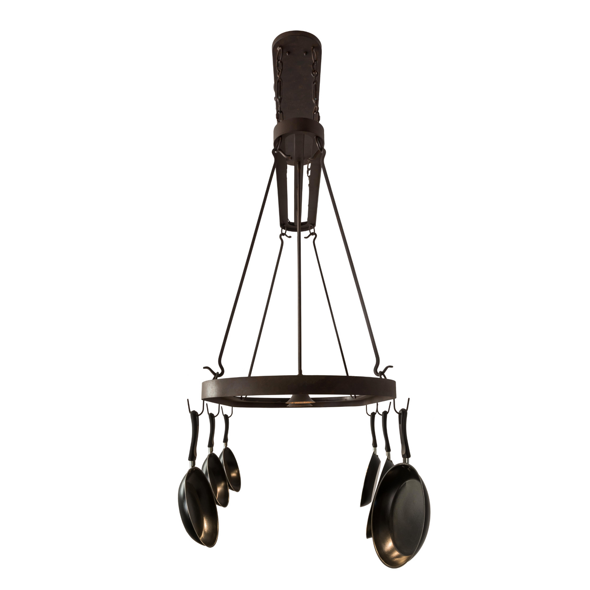 Lit view of Harmony 3-Light Pot Rack with glowing downlights.