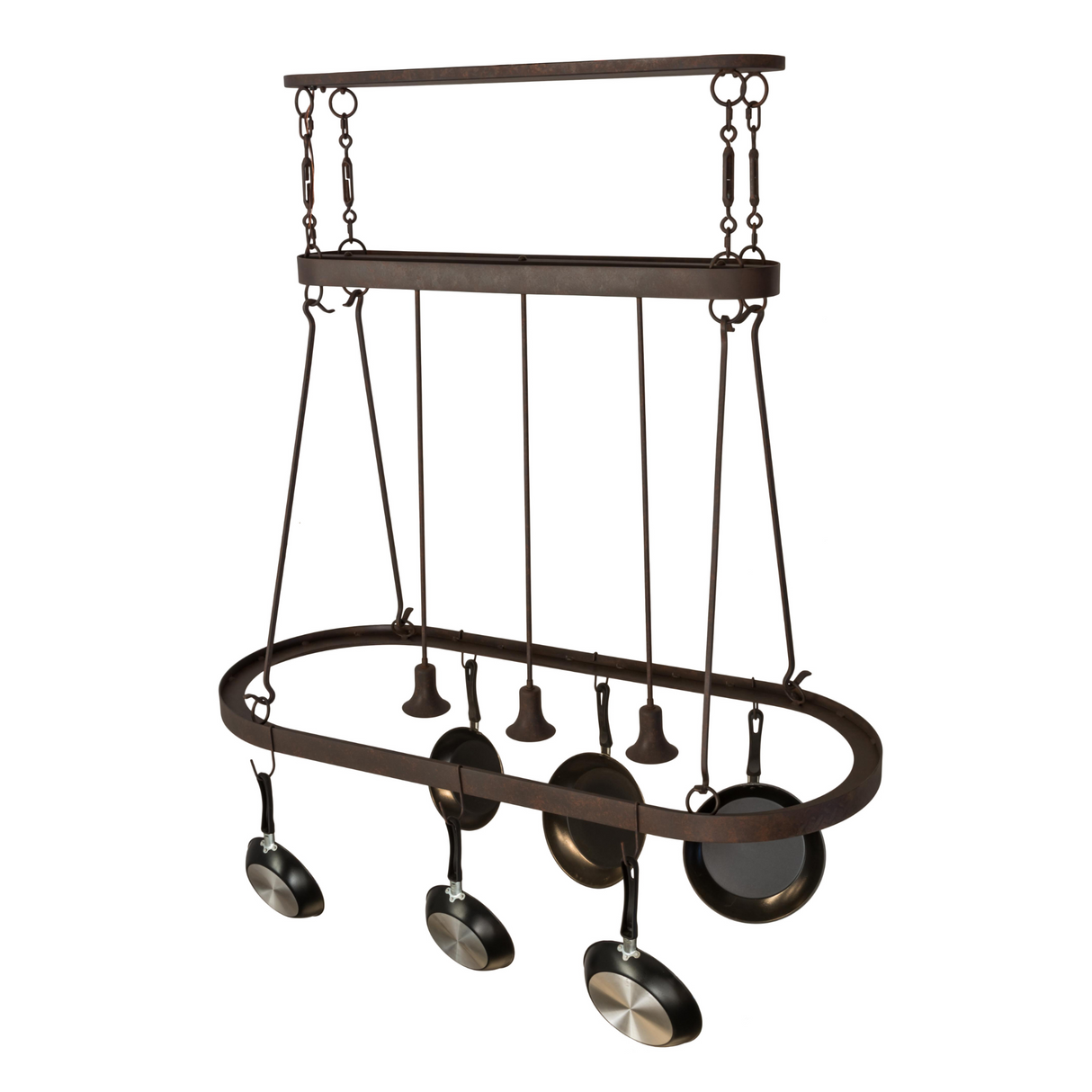 Rear angled view of rustic Harmony 3-Light Pot Rack Chandelier.