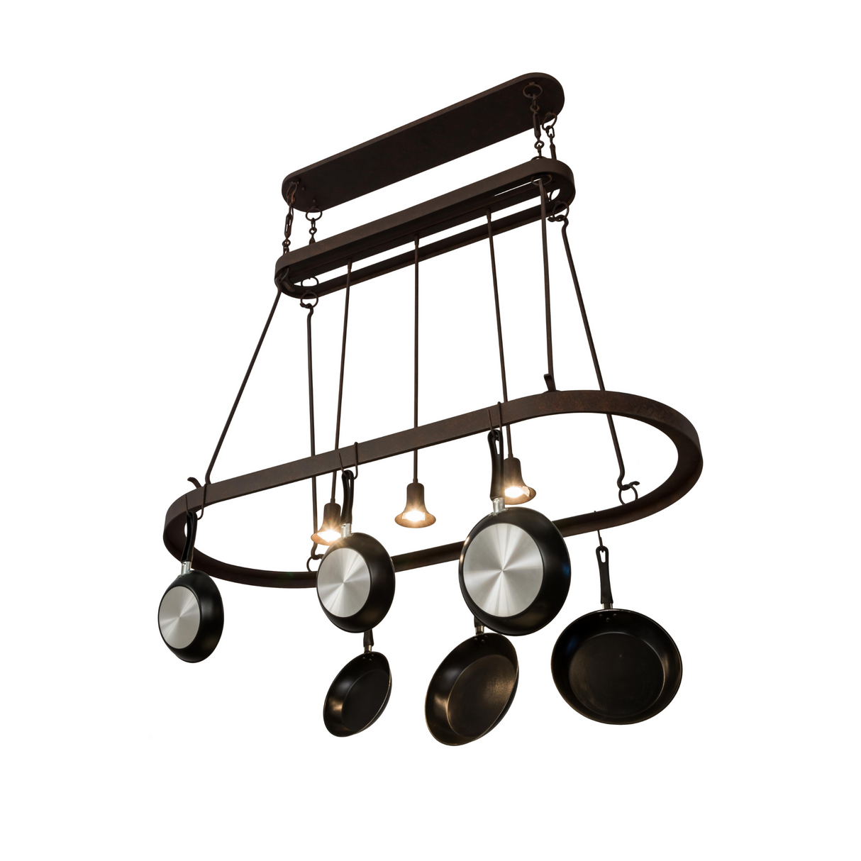 Side view showing slim profile and hanging cookware.