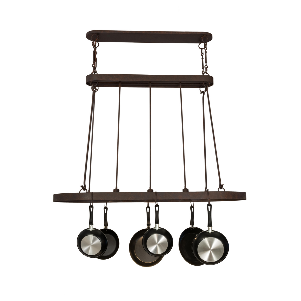 Straight-on view showing full frame and cookware hooks.
