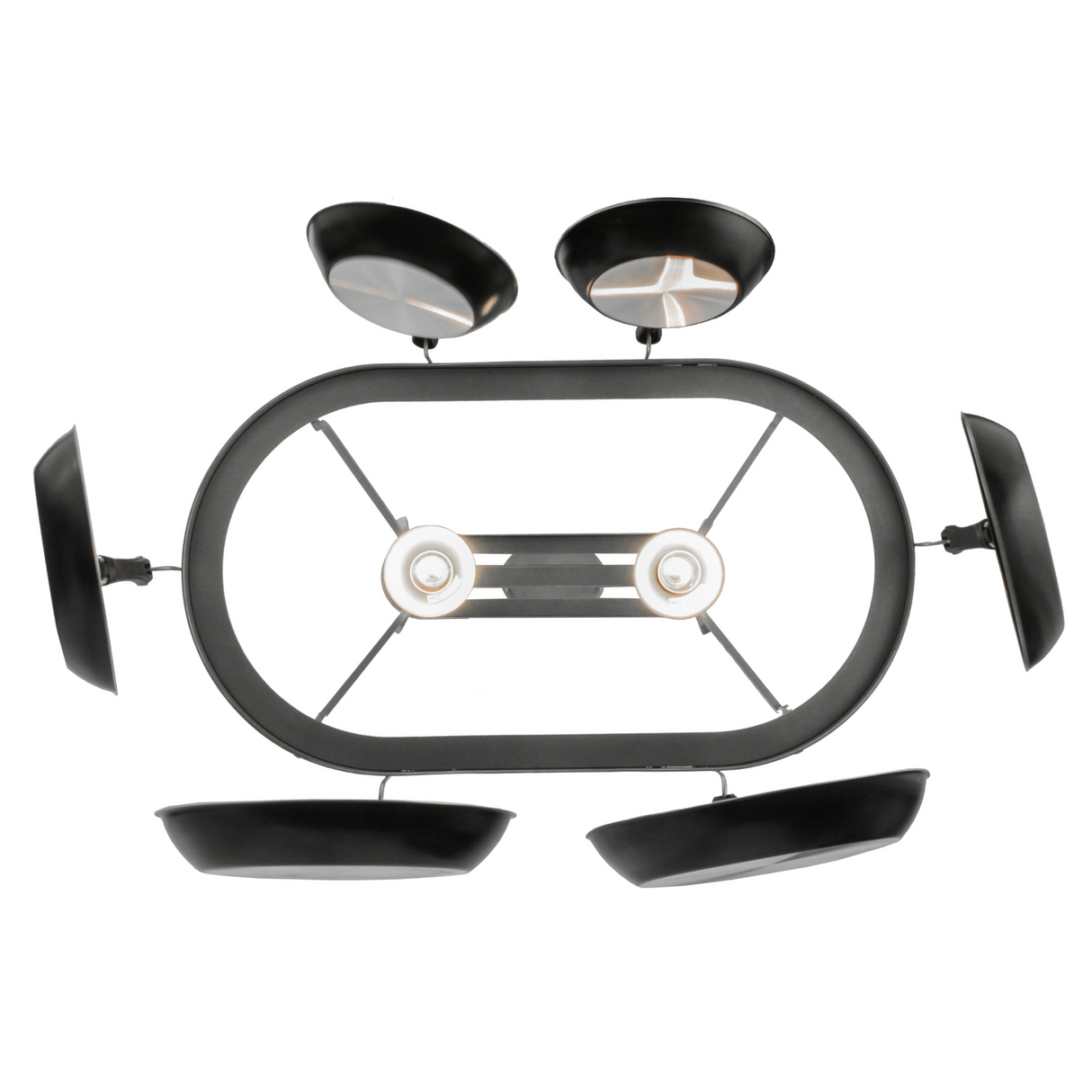 Bottom view showing two downlights and cookware hooks.