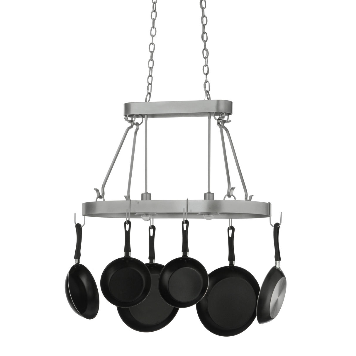 Unlit Harmony pot rack chandelier with hanging pans.