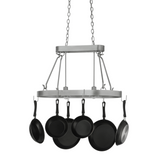 Unlit Harmony pot rack chandelier with hanging pans.