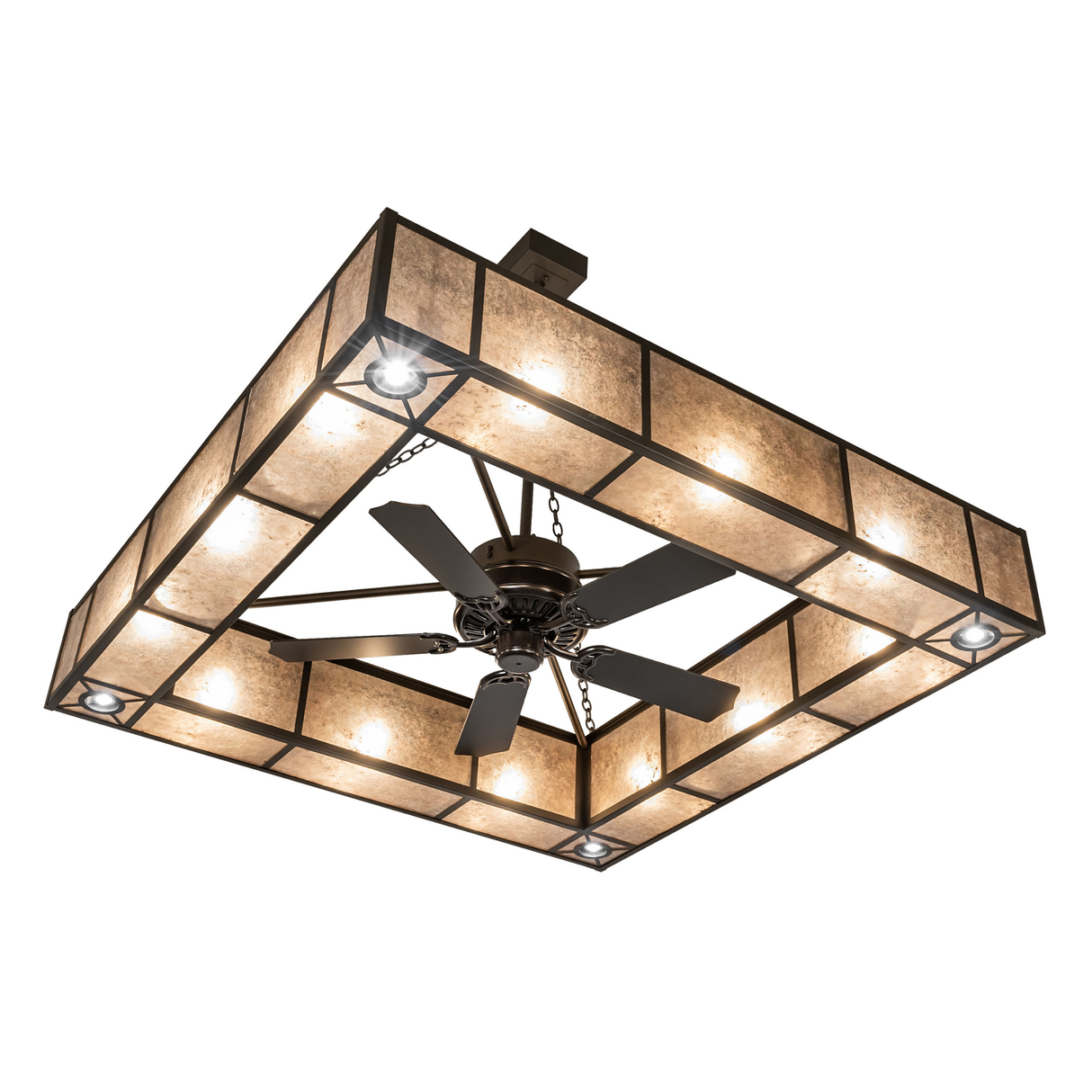 Bottom angle view showing centered fan and mica light reflections.