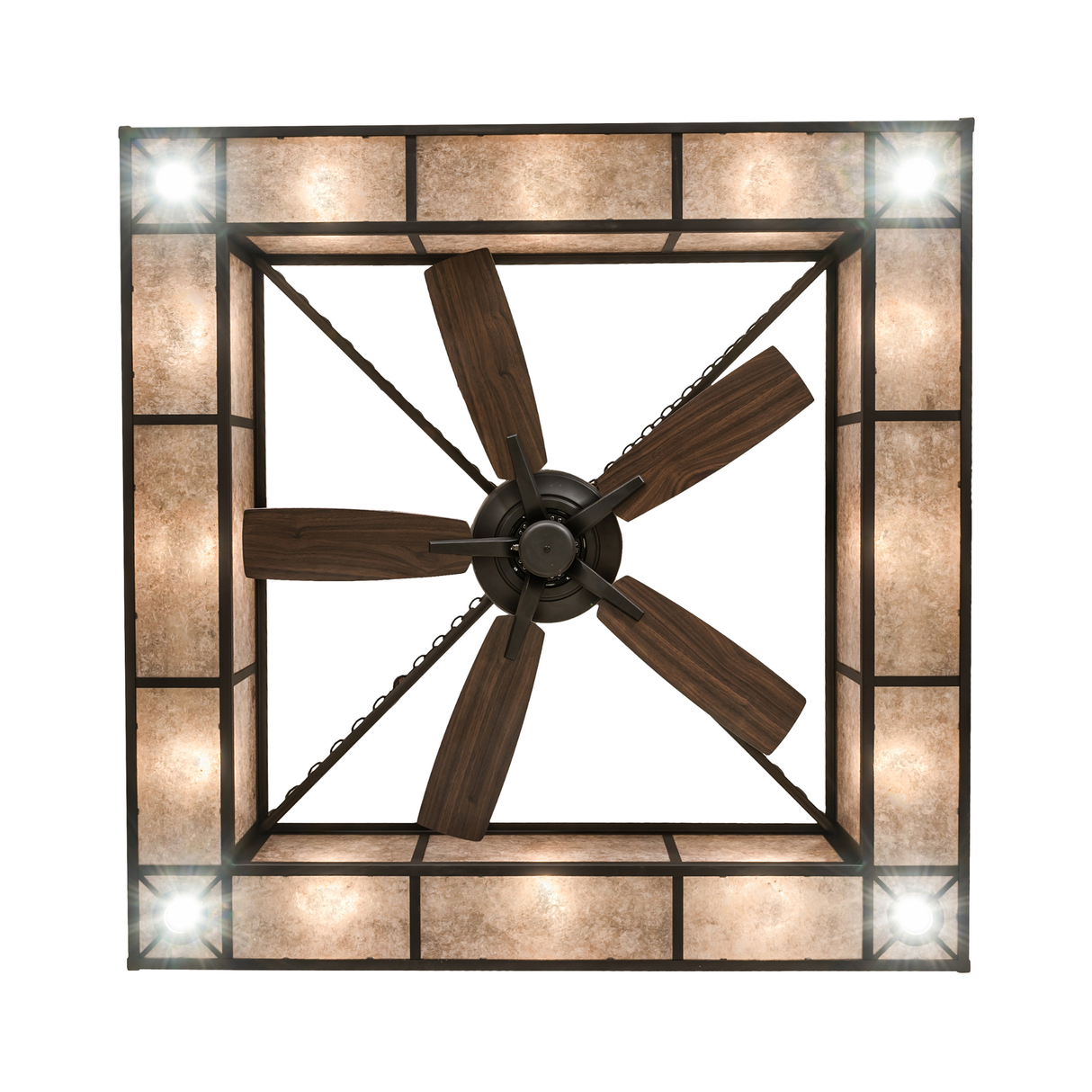 Bottom view of Hausman chandelier showcasing fan blades and lights.