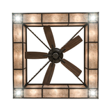 Bottom view of Hausman chandelier showcasing fan blades and lights.