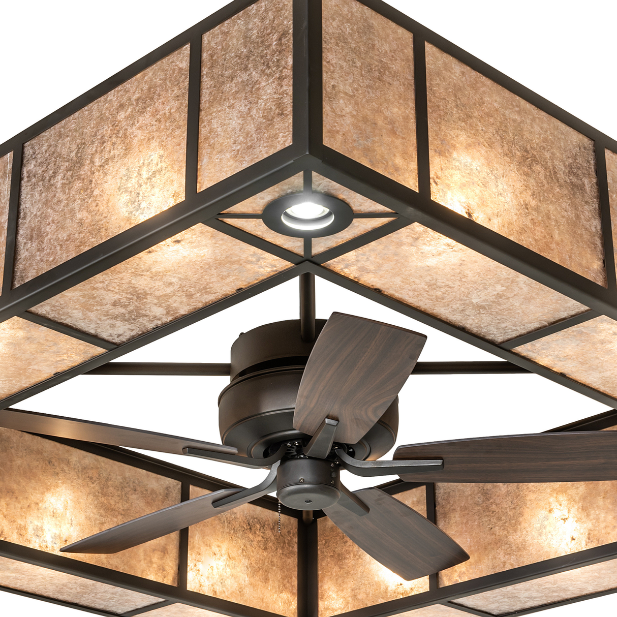 Close-up of Hausman chandelier fan showing mica diffuser and frame.