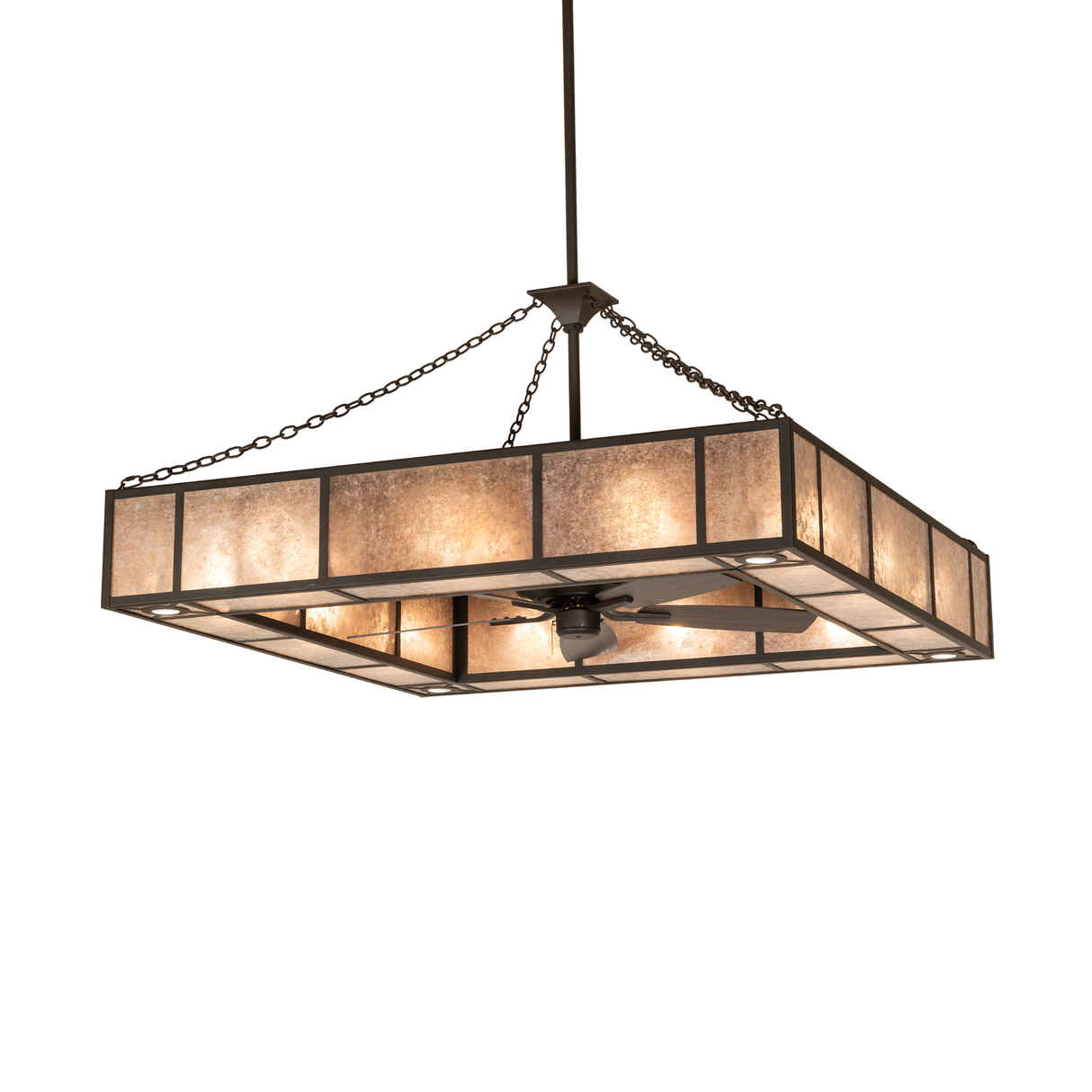 Hausman square chandelier fan with glowing Silver Mica panels.