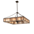 Illuminated Hausman square chandelier fan with silver mica diffuser and bronze frame.