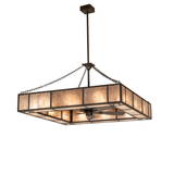 Illuminated Hausman square chandelier fan with silver mica diffuser and bronze frame.