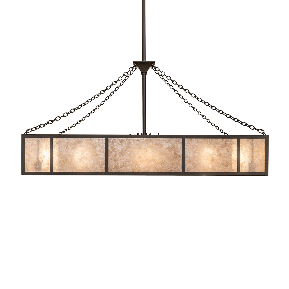 Side profile of Hausman chandelier fan with geometric mica design.