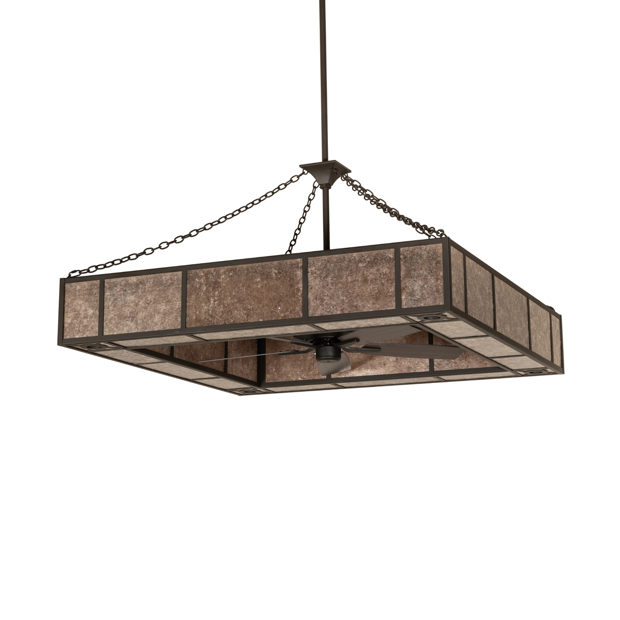 Unlit Hausman chandelier fan showing mica panel texture and chain support.