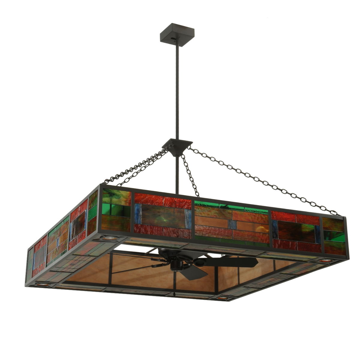 Angled view highlighting geometric Mission glass and fan design.