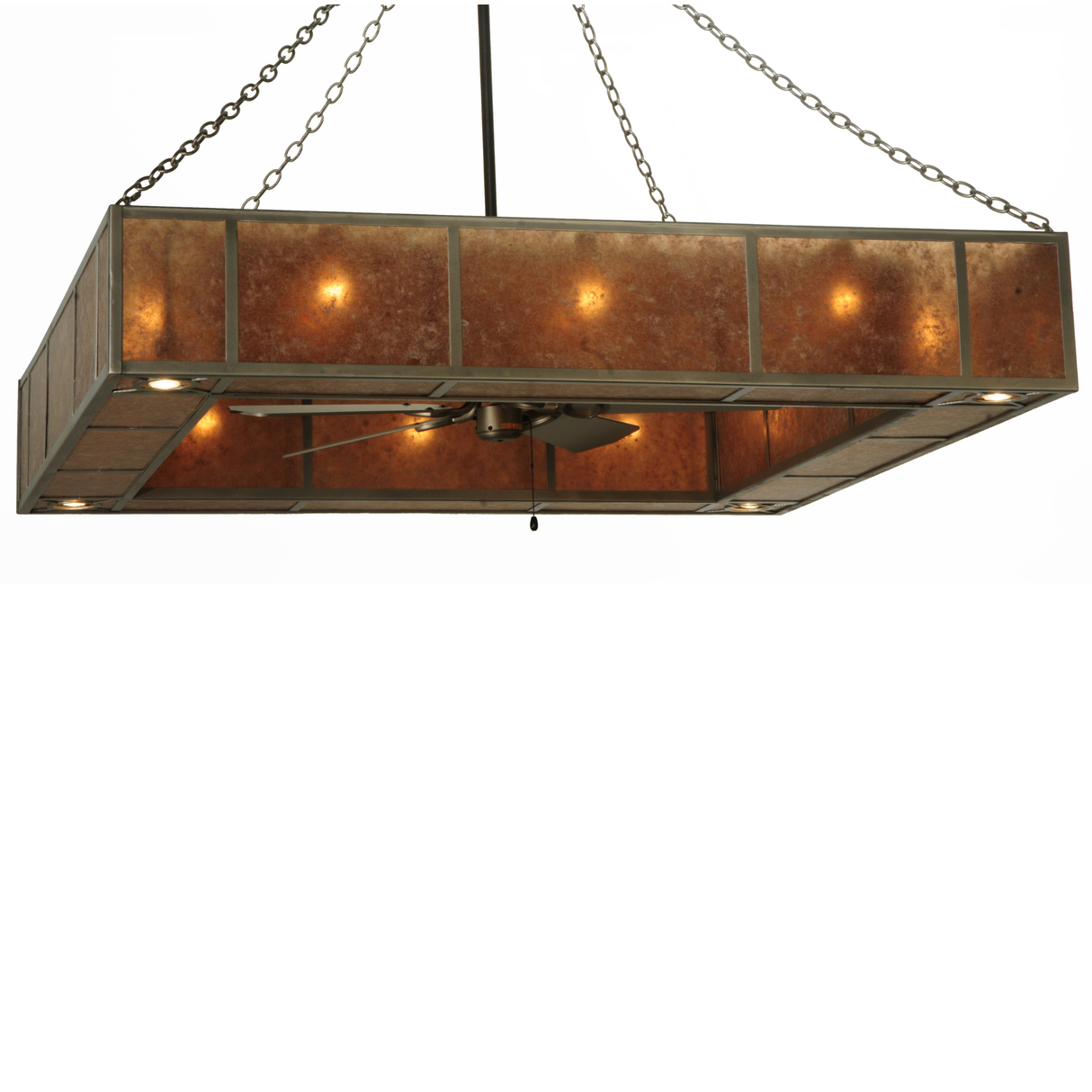 Angled view showing square Mission-style frame and glowing mica panels.