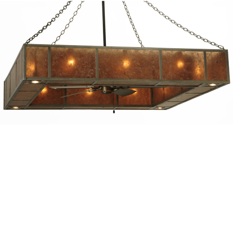 Angled view showing square Mission-style frame and glowing mica panels.