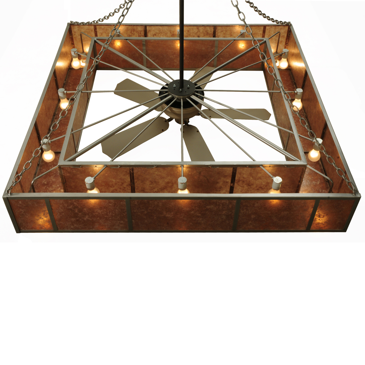 Detailed view of inner bulbs, chain supports, and silver mica interior.