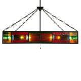 Straight side profile view emphasizing vibrant red and green stained glass.