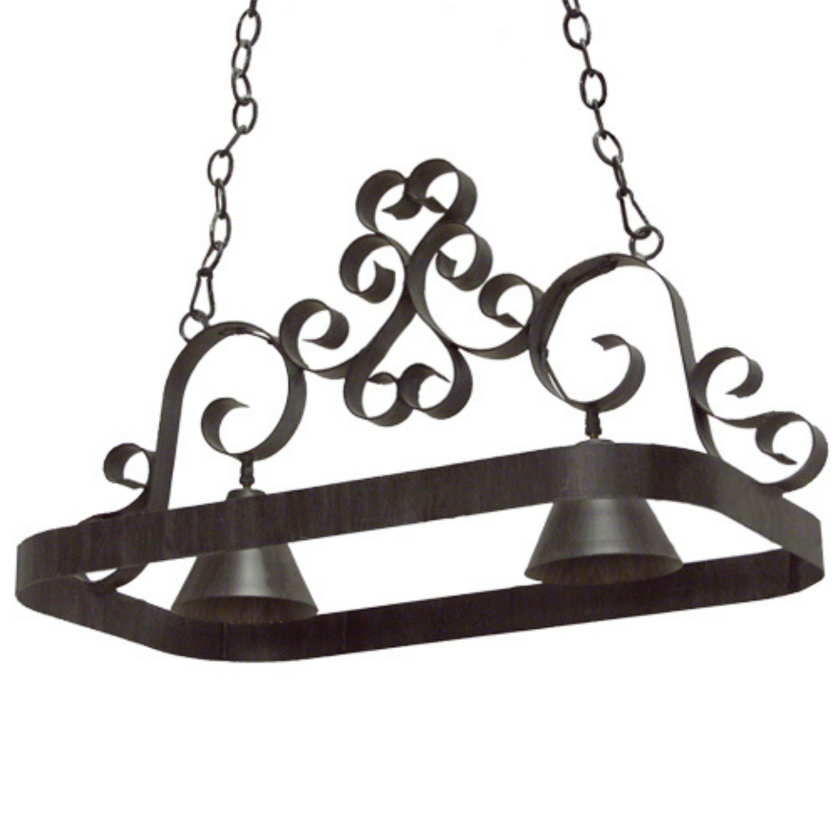 32" Hayley 2 Light Pot Rack chandelier with black scrollwork frame.