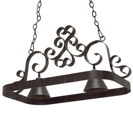 32" Hayley 2 Light Pot Rack chandelier with black scrollwork frame.