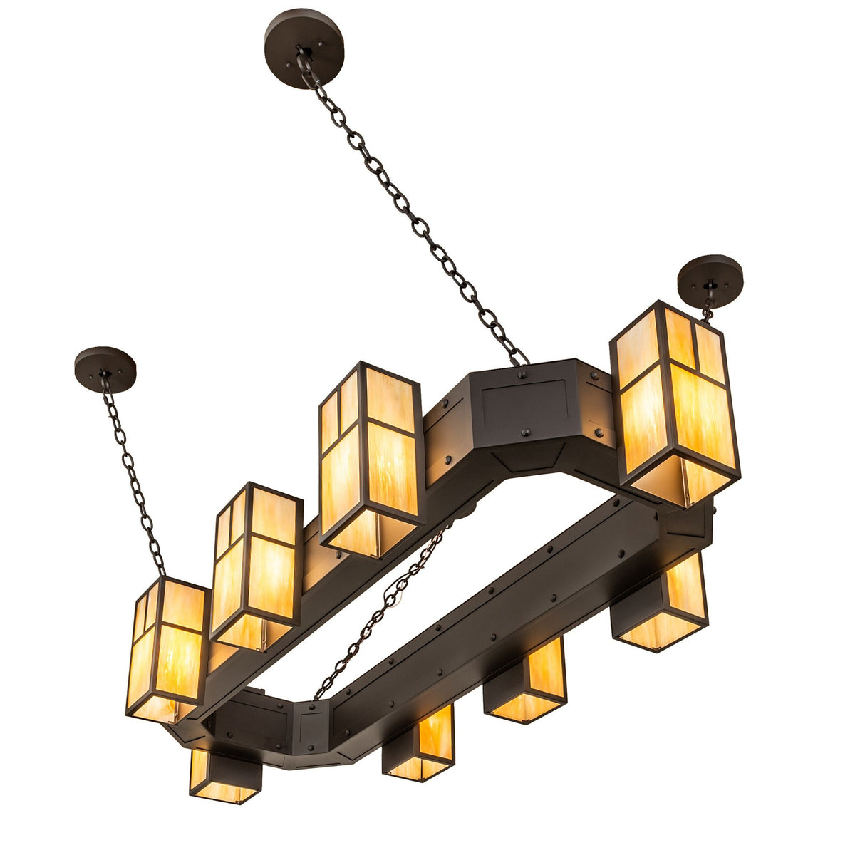 Bottom angled view of chandelier showing downward-facing lantern openings.