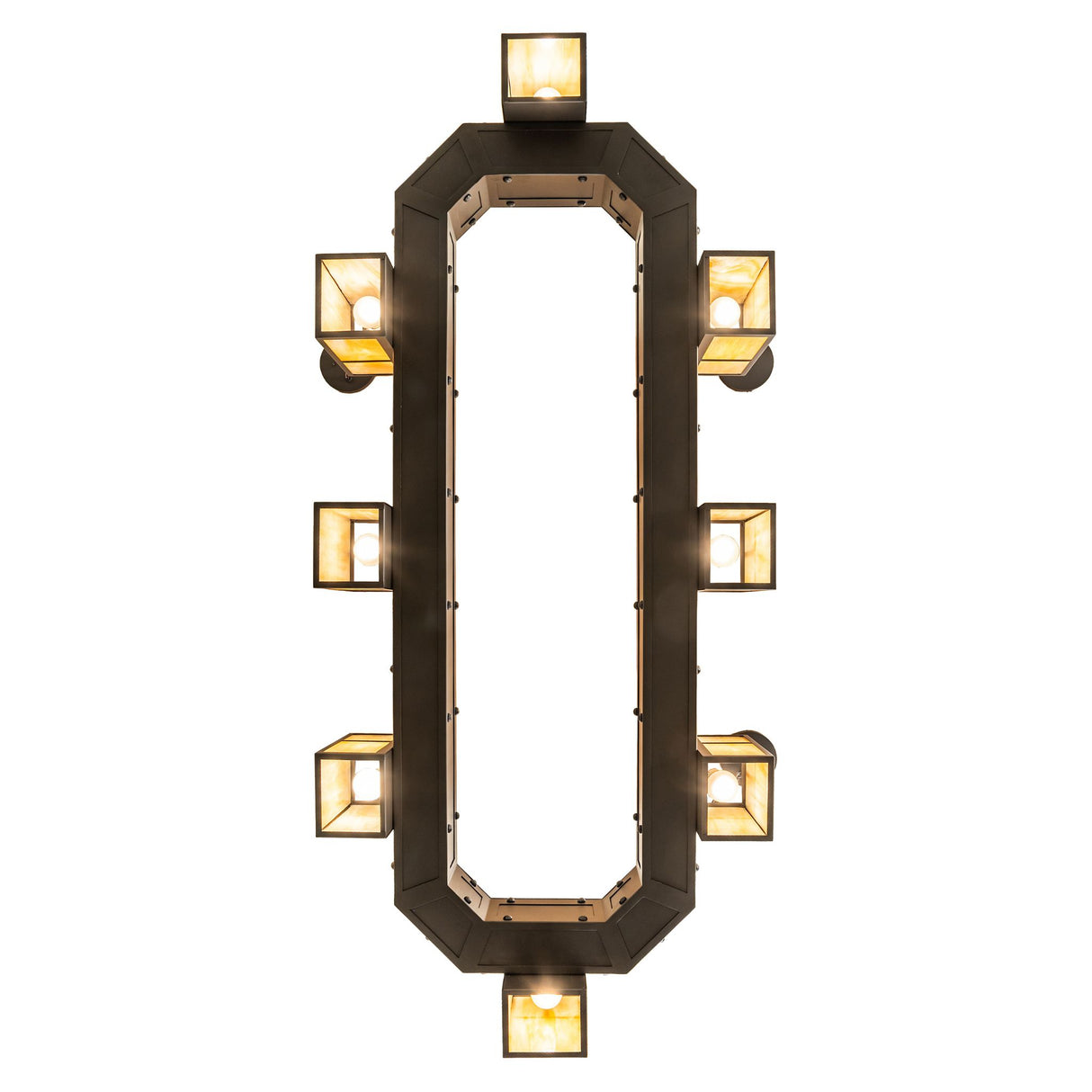 Bottom view of chandelier showing illuminated lantern underside and rectangular frame.