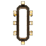 Bottom view of chandelier showing illuminated lantern underside and rectangular frame.