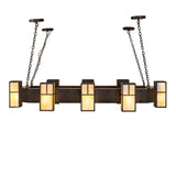 Front angled view of chandelier highlighting lantern placement and geometric form.