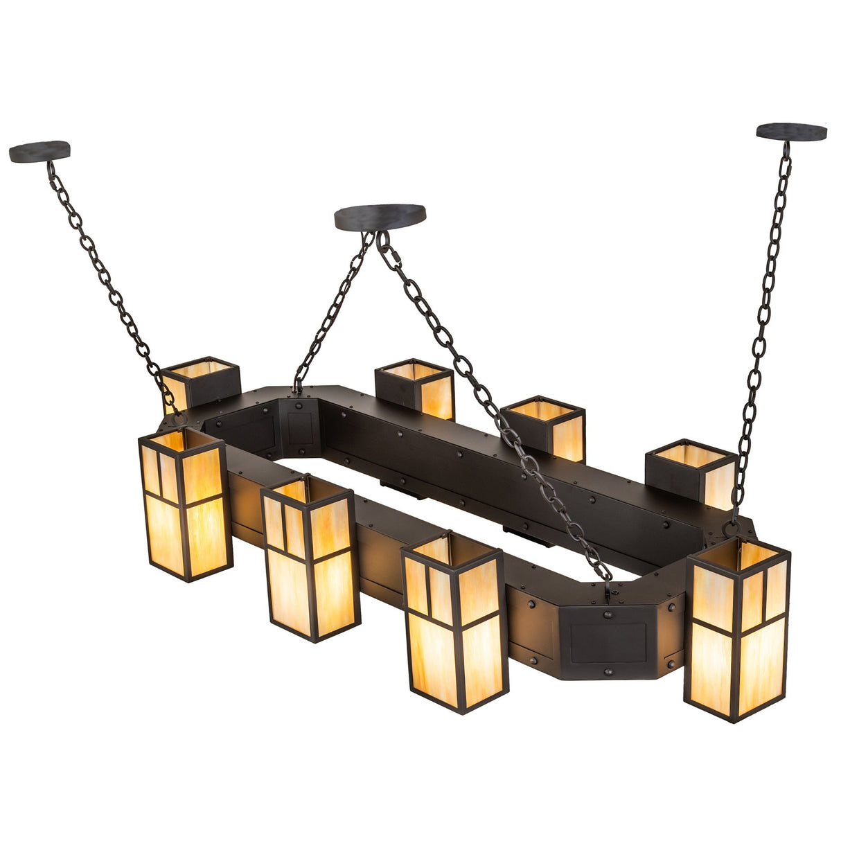 Top angled view of chandelier showing chain suspension and rectangular frame.