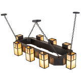 Top angled view of chandelier showing chain suspension and rectangular frame.