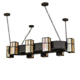 Unlit view of chandelier showcasing mission straight-line design and bronze hardware.