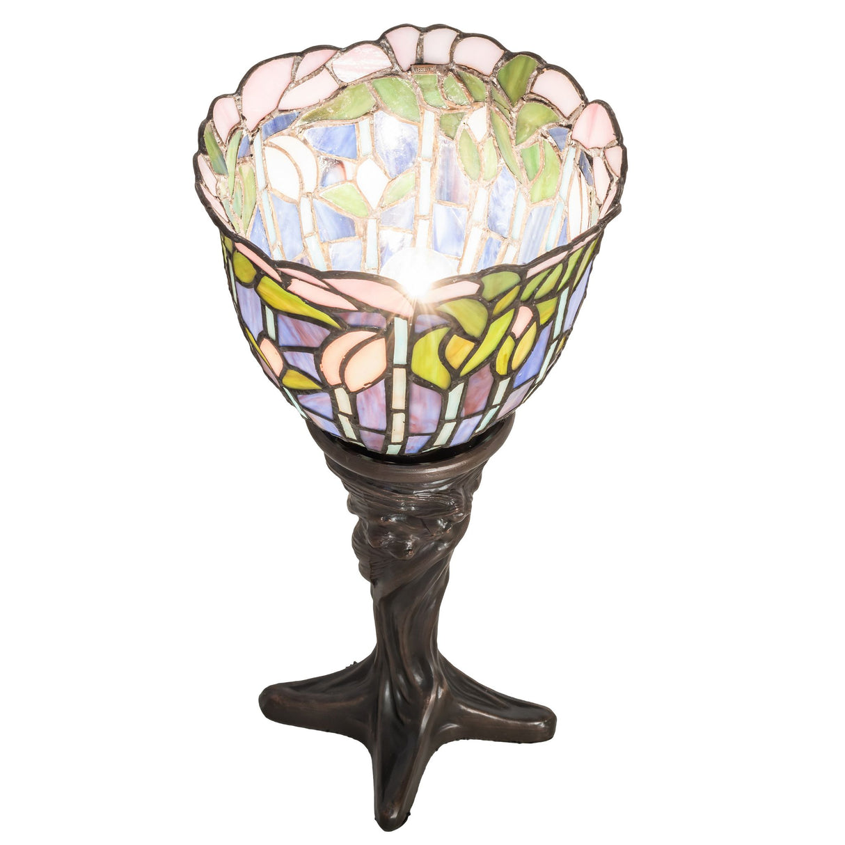 Angled view of the Tiffany Flowering Lotus Mini Lamp with decorative bronze base.